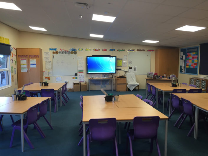 New LED panel lighting installation in a classroom at Quinta Primary School, Congleton, Cheshire.
