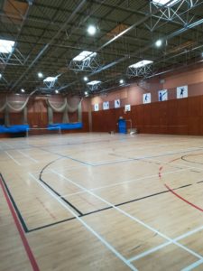 High bays lighting installation in a school sports hall at Lostock Hall Academy, south of Preston.