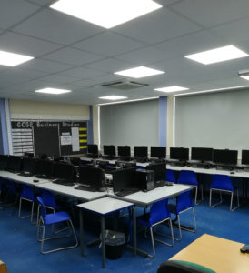 LED replacement lighting installation to computer classroom at Lostock Hall Academy, Lancashire.