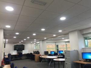 Smart LED downlights lighting installation fitted to computer room at Formby High School, Liverpool.