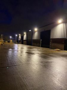 Loading bay LED floodlights lighting installation for Thornbridge in Motherwell, near Glasgow.