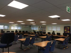 Panel LED lighting installation to a library study room at Formby High School, Liverpool, Merseyside.