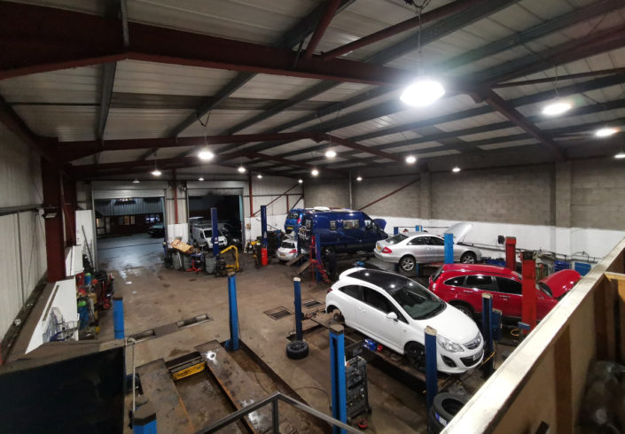 High bays LED lighting installation for PCS Ltd, garage services in Castleford, West Yorkshire.