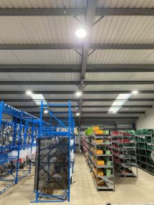 Replacement stockroom lighting installation for Bennetts Car Parts in Shrewsbury, West Midlands.