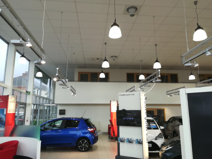 Car showroom lighting installation utilising LED high bays for Harry Feeney Toyota, Blackpool.