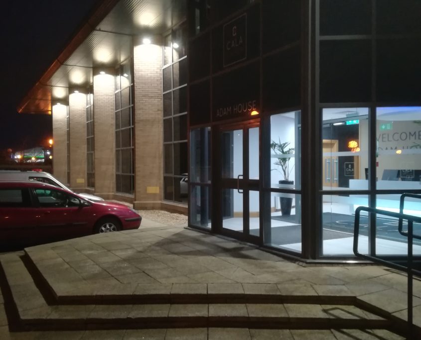 Exterior LED lighting installation for the car park at Cala Homes commercial offices in Edinburgh.