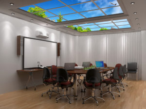 Innovative sky panels using LED lighting can enliven office meeting rooms without natural light.