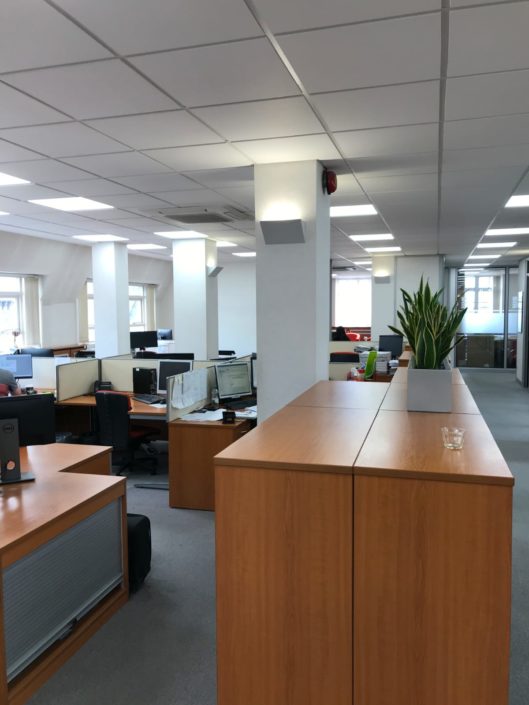 Open plan commercial office led lighting installation for Haines Watts, a solicitors in Liverpool.