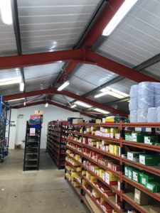 Car parts stockroom benefits from bright, crisp, led lighting in Wisbech, Cambridgeshire.