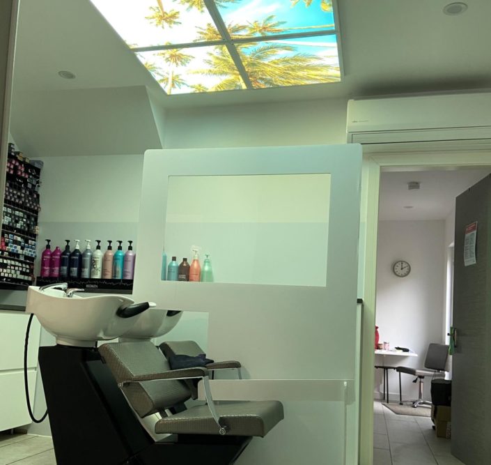 Detail of LED sky ceiling panels for Scott's Hairdressing in Garstang, Lancashire