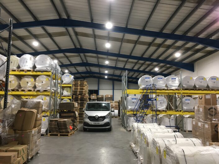 High bay LED lighting installation for Scanman UK factory warehouse in Middlesbrough, North Yorkshire.