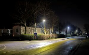 Energy efficient LED street lighting installed for a holiday park in Prestatyn, Denbighshire in Wales.