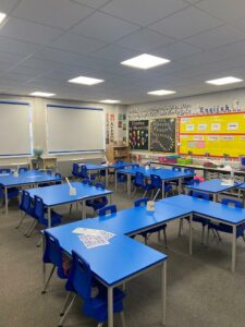 A classroom at Sandy Lane Primary School in Bradford, West Yorkshire after LED lighting installation.