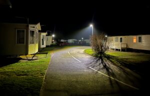 A static caravan park in Prestatyn, Denbighshire in Wales benefitting from low-energy LED street lighting.